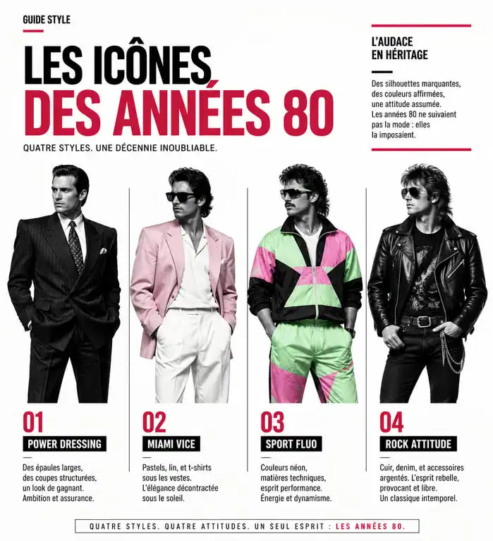 Exemples de tenues années 80 pour homme : Power Dressing, Miami Vice, Sportswear et style Rock