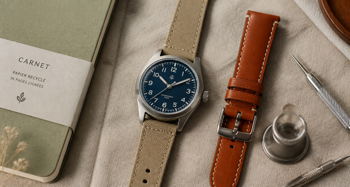 belle montre homme posée sur tissu beige avec accessoires