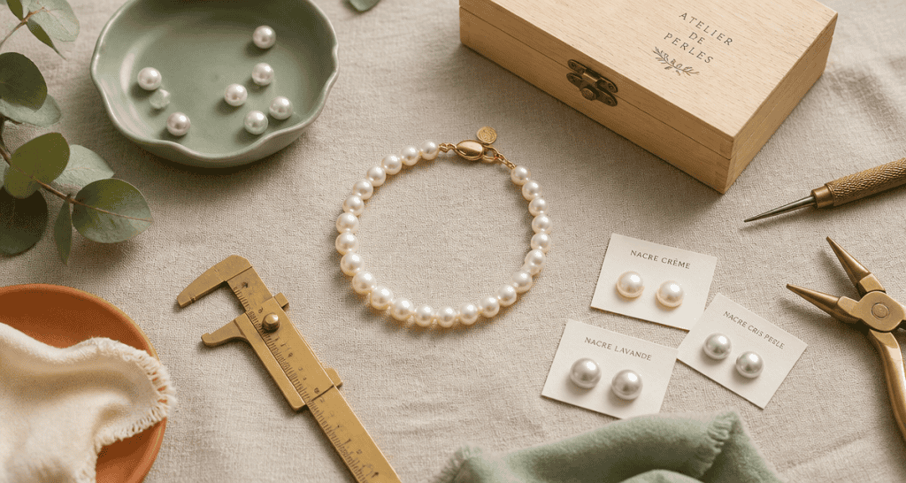 bracelet en perle de culture sur tissu beige