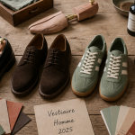 Chaussure homme tendance 2025, 4 modèles sur table en bois