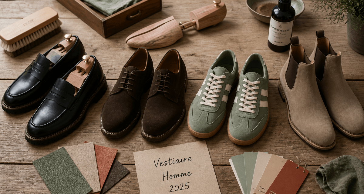 Chaussure homme tendance 2025, 4 modèles sur table en bois