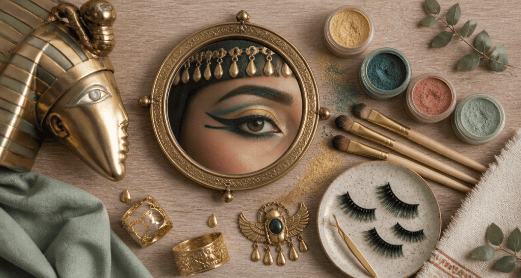 cleopatre maquillage flat lay coiffe dorée