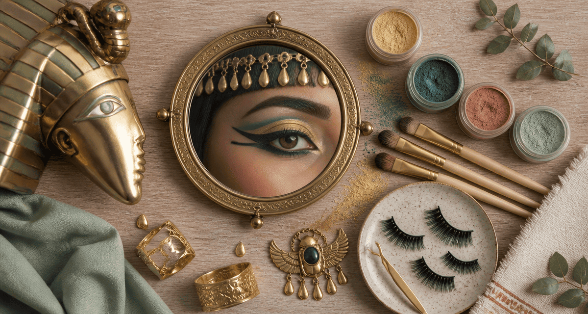 cleopatre maquillage flat lay coiffe dorée