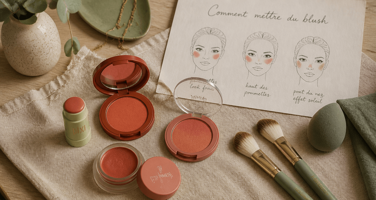 comment mettre du blush, blush et pinceaux sur table