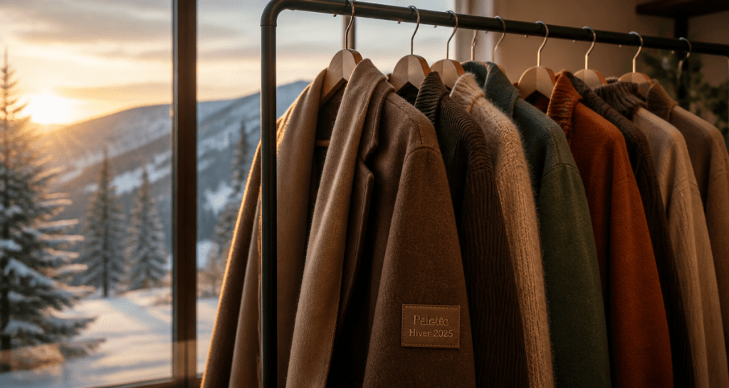 Portant de vêtements couleurs mode hiver 2025 devant baie vitrée