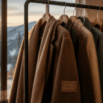 Portant de vêtements couleurs mode hiver 2025 devant baie vitrée