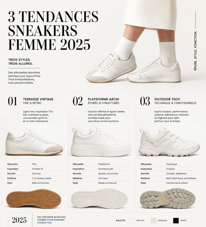 Sélection des tendances baskets blanches femme 2025 : modèles Terrace, plateforme et techwear.