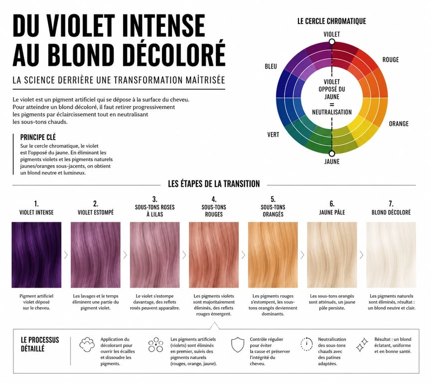 Étapes de la décoloration cheveux violet vers blond