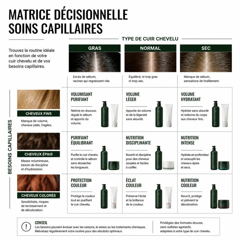 Infographie explicative pour savoir quel shampoing choisir selon son type de cuir chevelu et la nature de ses cheveux.
