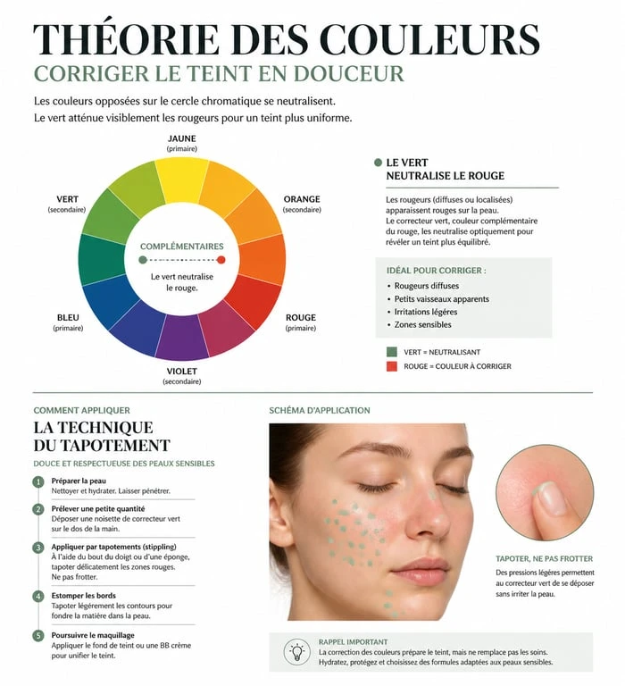 Infographie sur la technique de maquillage et correction des rougeurs pour le meilleur fond de teint pour rosacée