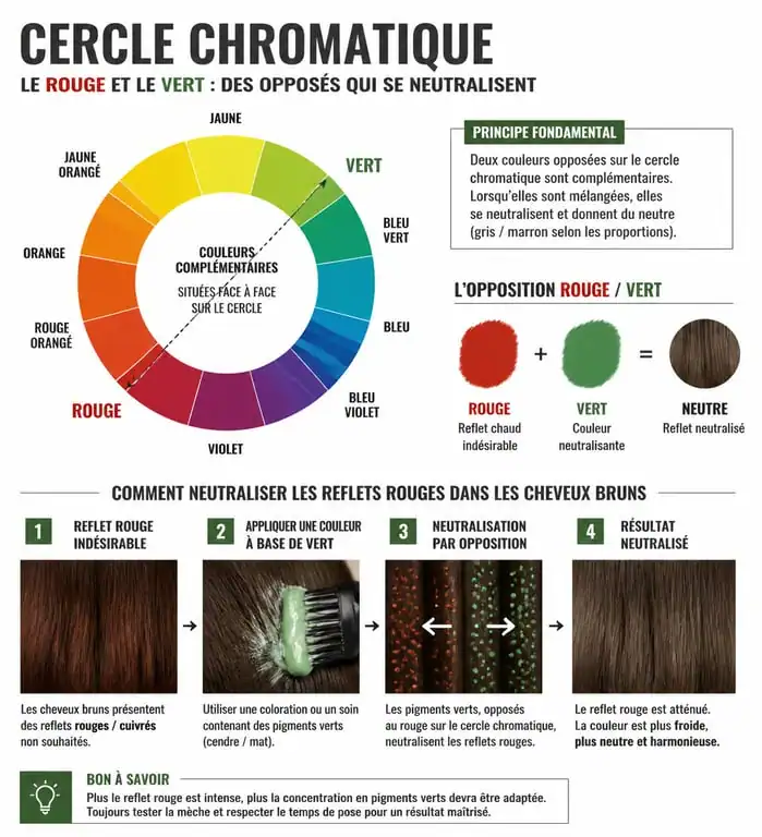 Infographie sur la colorimétrie capillaire pour neutraliser les reflets rouges dans les cheveux