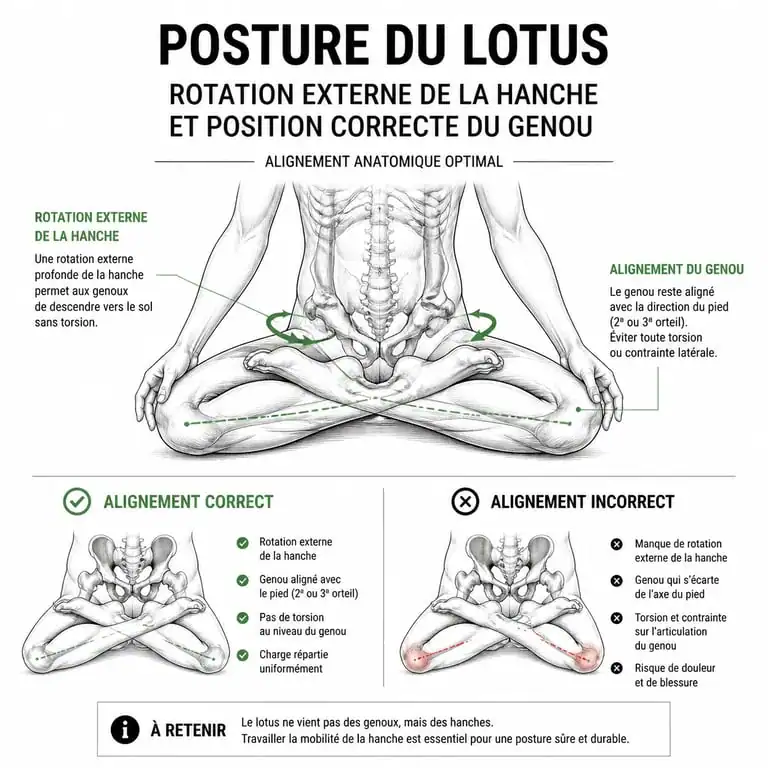 Schéma anatomique de la position du lotus Padmasana montrant la rotation de la hanche