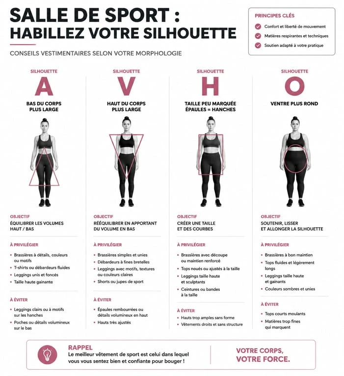Infographie des conseils de tenue de sport pour femme selon la morphologie