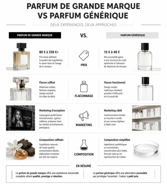 Comparatif entre parfum de marque et parfum générique : différences de prix, composition et marketing.