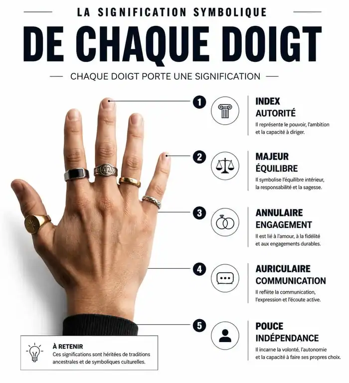 Infographie symbolique de la bague au doigt signification : guide des significations par doigt