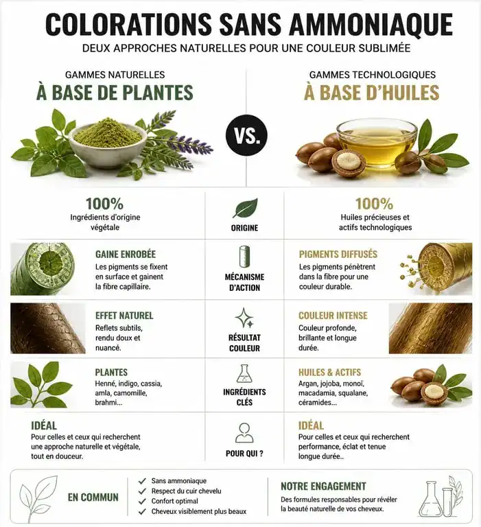 Infographie comparative des meilleures colorations cheveux sans ammoniaque : approches naturelles et technologiques