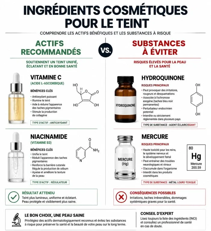 Infographie des ingrédients recommandés et à éviter dans une crème éclaircissante pour le visage