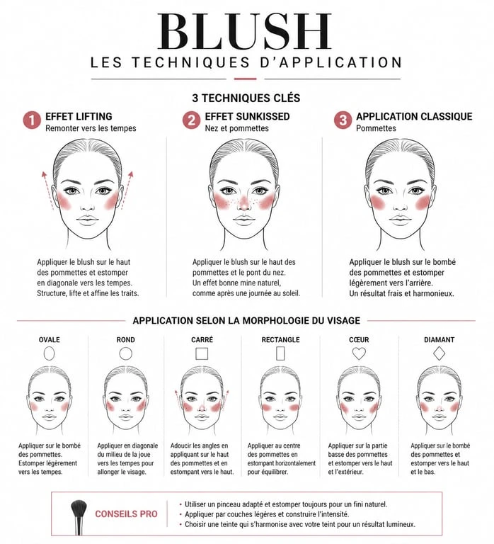 Schéma explicatif des techniques pour savoir comment mettre du blush selon la forme du visage et l'effet recherché