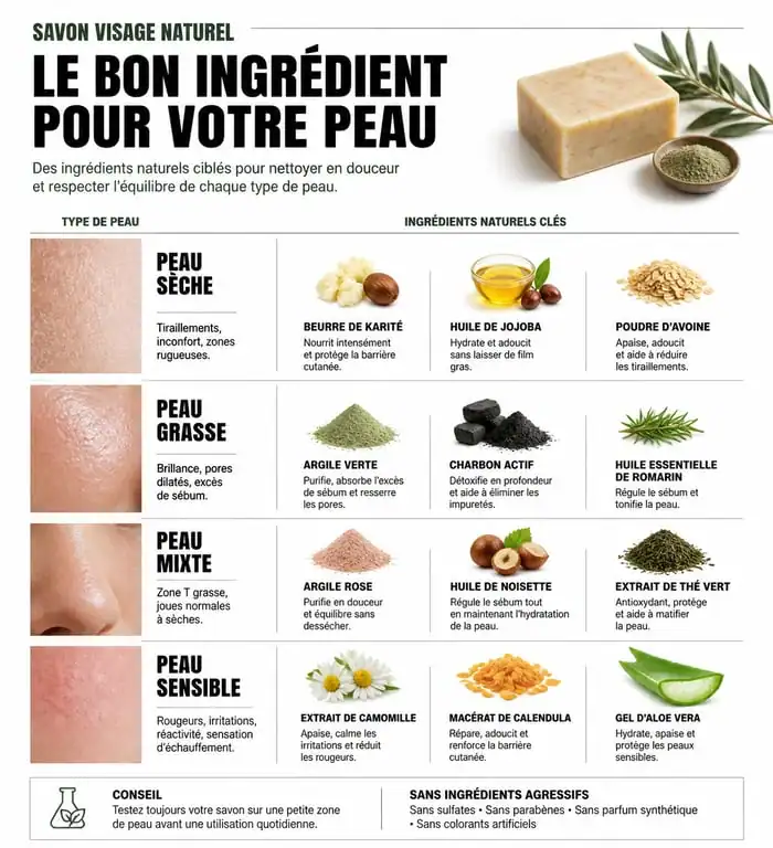 Infographie des ingrédients du meilleur savon pour le visage selon le type de peau