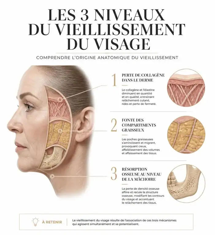 Schéma explicatif des causes du relâchement de l'ovale du visage et perte de définition mandibulaire