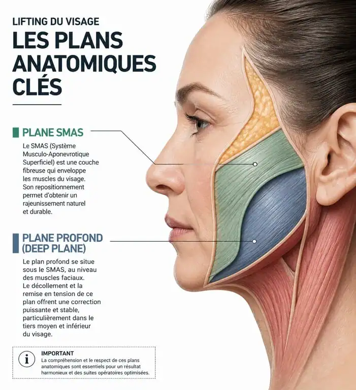 Schéma explicatif des techniques de lifting du visage : SMAS et Deep Plane