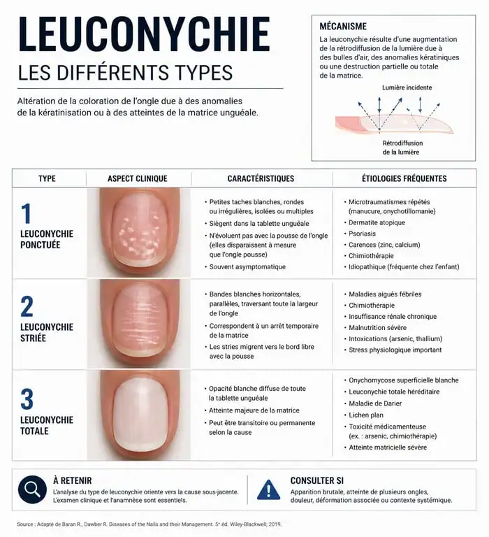 Schéma explicatif des différents types de leuconychie et taches blanches sur les ongles