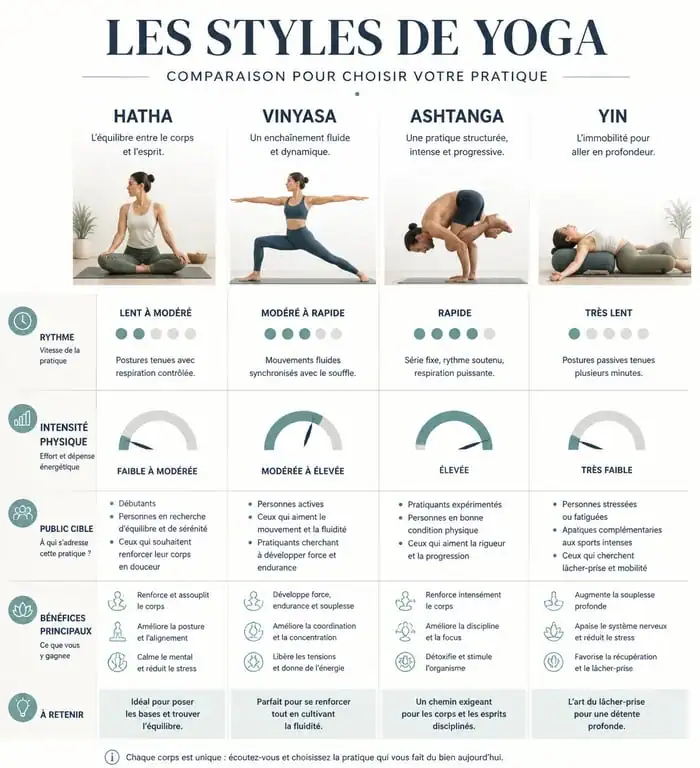 Infographie comparative des styles de yoga : Hatha, Vinyasa, Ashtanga et Yin