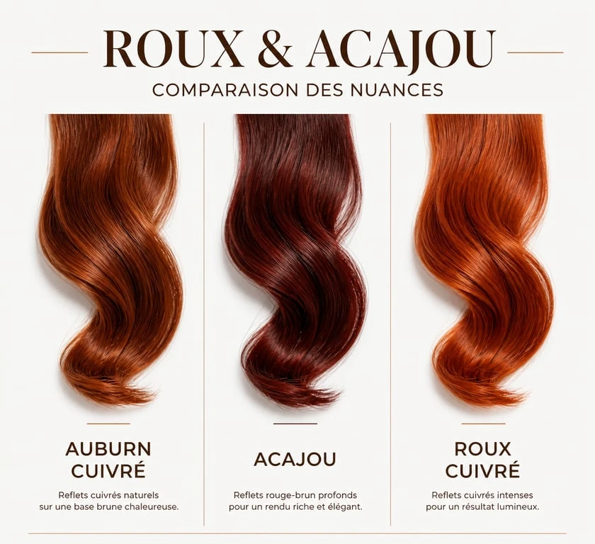 Comparatif visuel des nuances de cheveux auburn cuivré, acajou et roux cuivré pour choisir sa coloration.