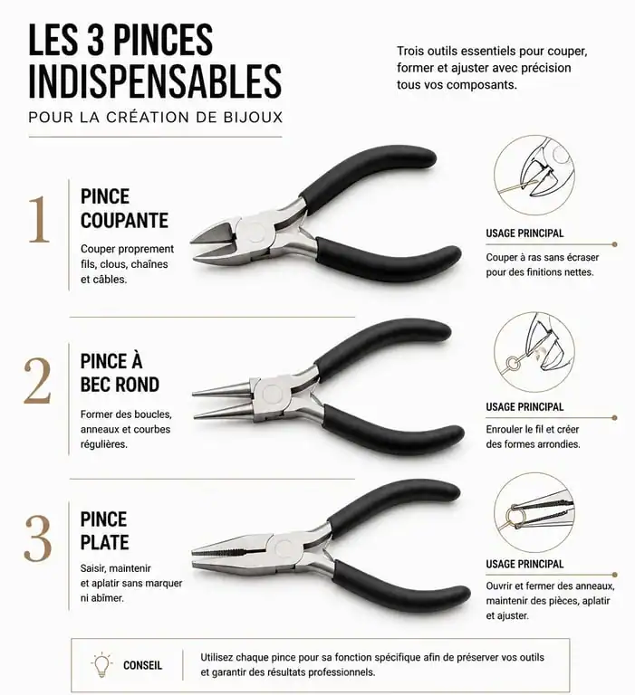 Infographie des outils indispensables pour la création de bijoux : pinces coupante, ronde et plate