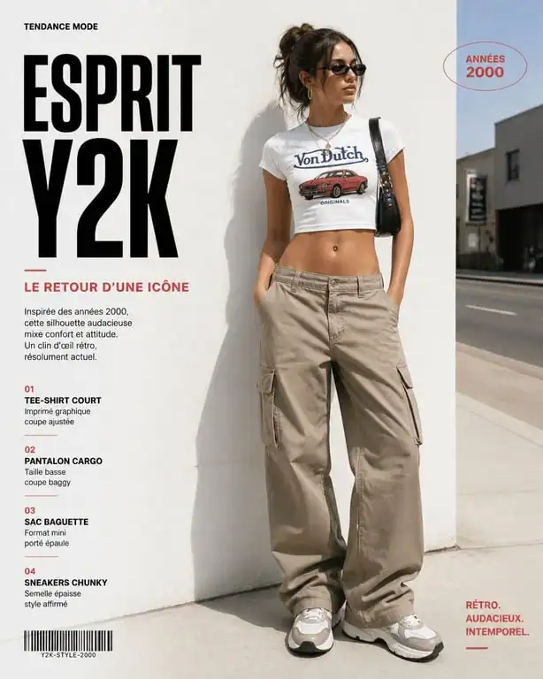 Jeune femme portant une tenue année 2000 Y2K avec pantalon baggy et baby tee