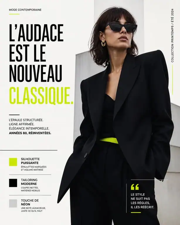 Look année 1980 revisité avec un blazer oversize et épaulettes pour une tenue moderne et élégante.