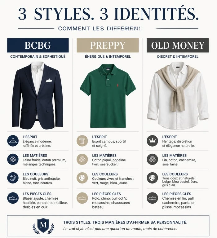 Comparatif des styles vestimentaires masculins : BCBG, Preppy et Old Money pour adopter le style bcbg homme.