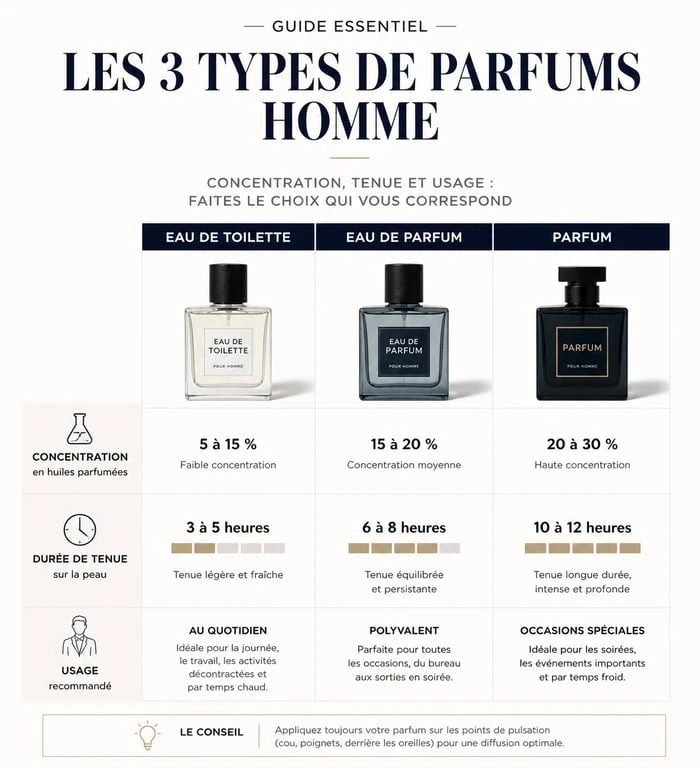 Infographie comparative des concentrations de parfum Giorgio Armani homme : Eau de Toilette, Eau de Parfum et Parfum.