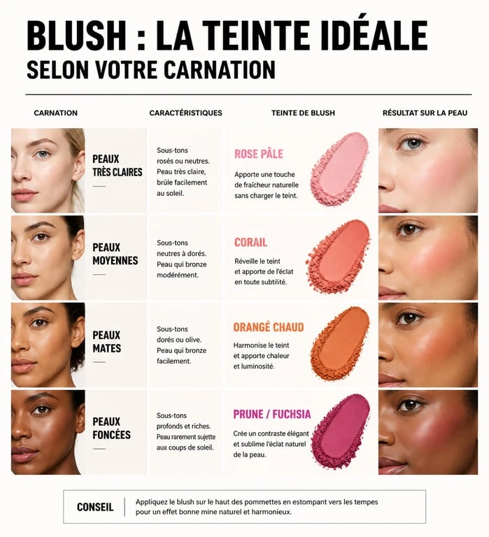 Infographie des teintes de blush recommandées selon la carnation pour bien choisir son blush