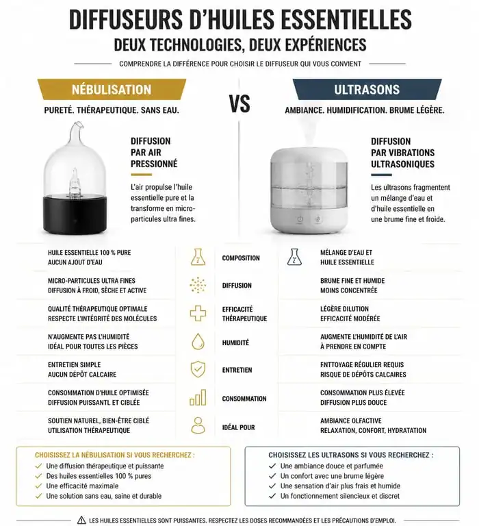 Comparatif des technologies de diffuseurs d'huiles essentielles sans fil : nébulisation vs ultrasons pour choisir le meilleur diffuseur