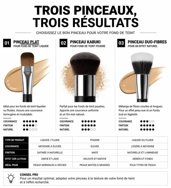 Comparatif des types de pinceaux pour fond de teint selon la texture