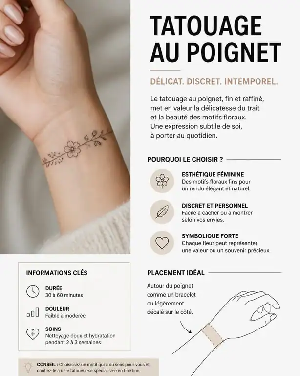 Tatouage bracelet poignet femme discret au style minimaliste et floral