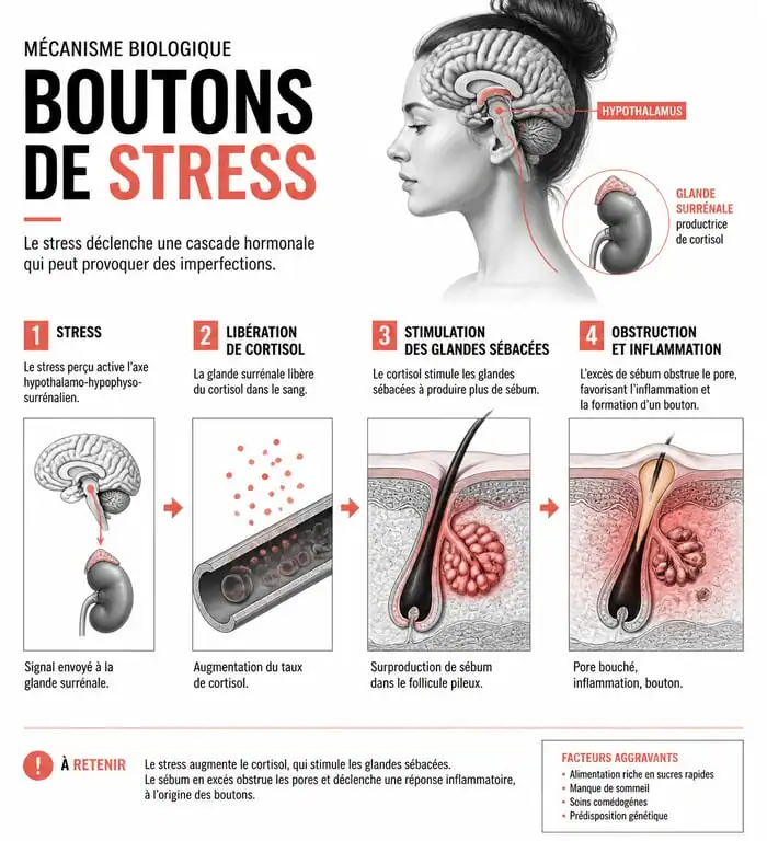 Schéma explicatif du mécanisme biologique des boutons de stress sur le visage