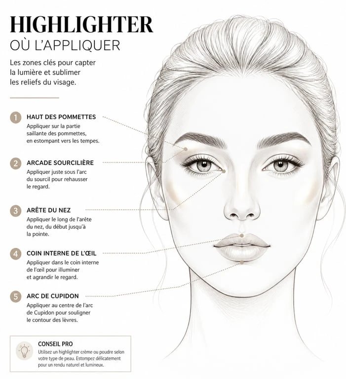 Zones d'application de l'highlighter sur le visage