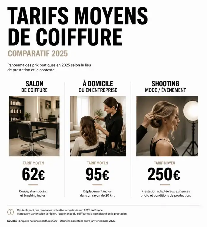 Infographie comparative des tarifs de coiffure 2025 en salon, à domicile et pour le secteur de la mode
