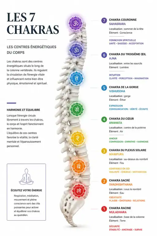 Infographie des 7 chakras et leur couleur pour l'harmonisation énergétique
