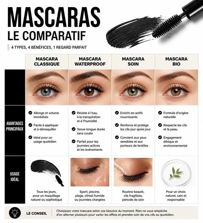 Infographie comparative pour savoir quel mascara choisir selon ses besoins et la nature de ses cils