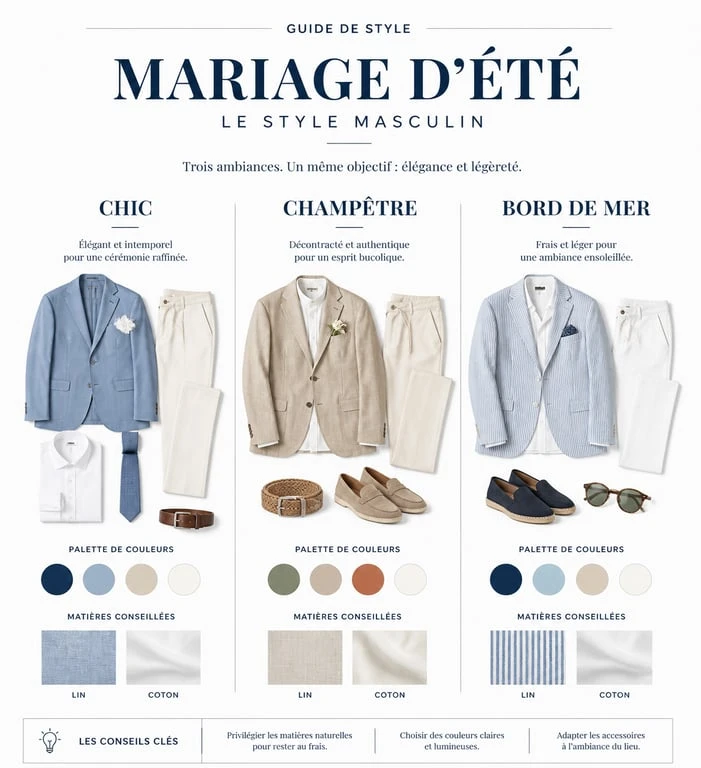 Infographie guide de style pour une tenue de mariage homme été : conseils sur les matières et couleurs