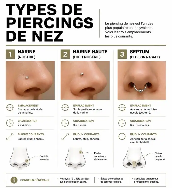Infographie des différents types de piercing nez original : nostril, high nostril et septum