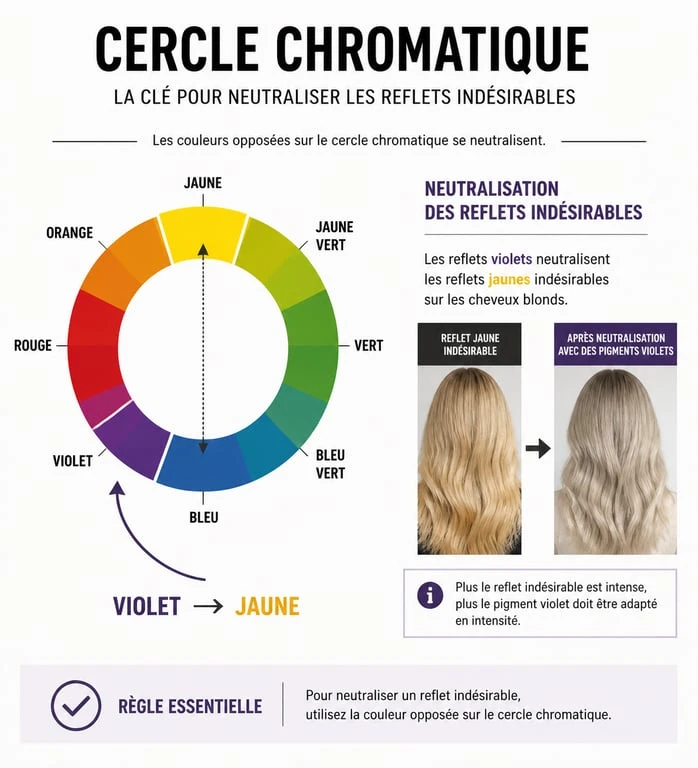 Schéma explicatif de la neutralisation des reflets jaunes par le meilleur shampoing déjaunisseur