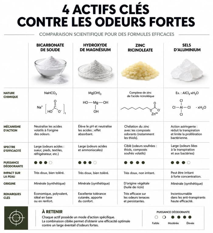 Infographie comparative des actifs de déodorants pour odeur forte femme