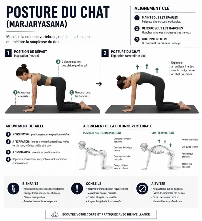 Infographie des étapes de la posture du chat en yoga Marjaryasana pour un alignement correct