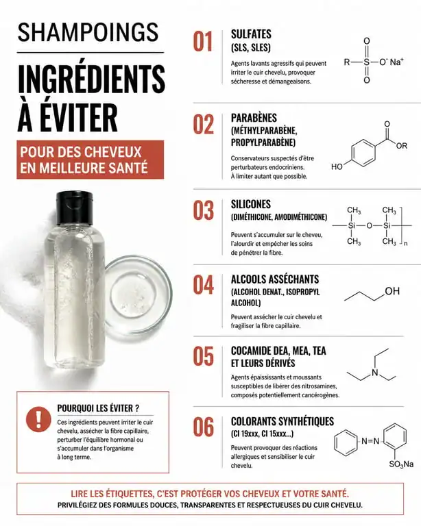 Infographie des ingrédients dangereux dans les shampoings à éviter