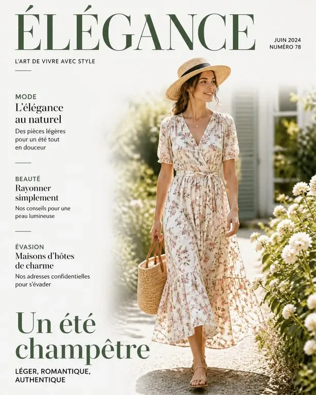 Femme portant une tenue champêtre élégante avec une robe fleurie dans un jardin