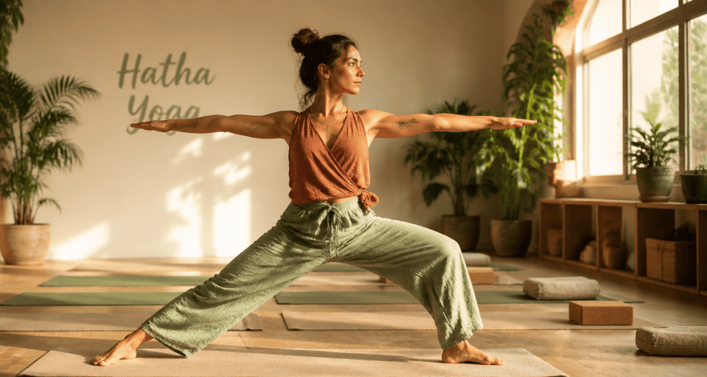 hatha yoga c est quoi femme posture guerrier II salle lumineuse